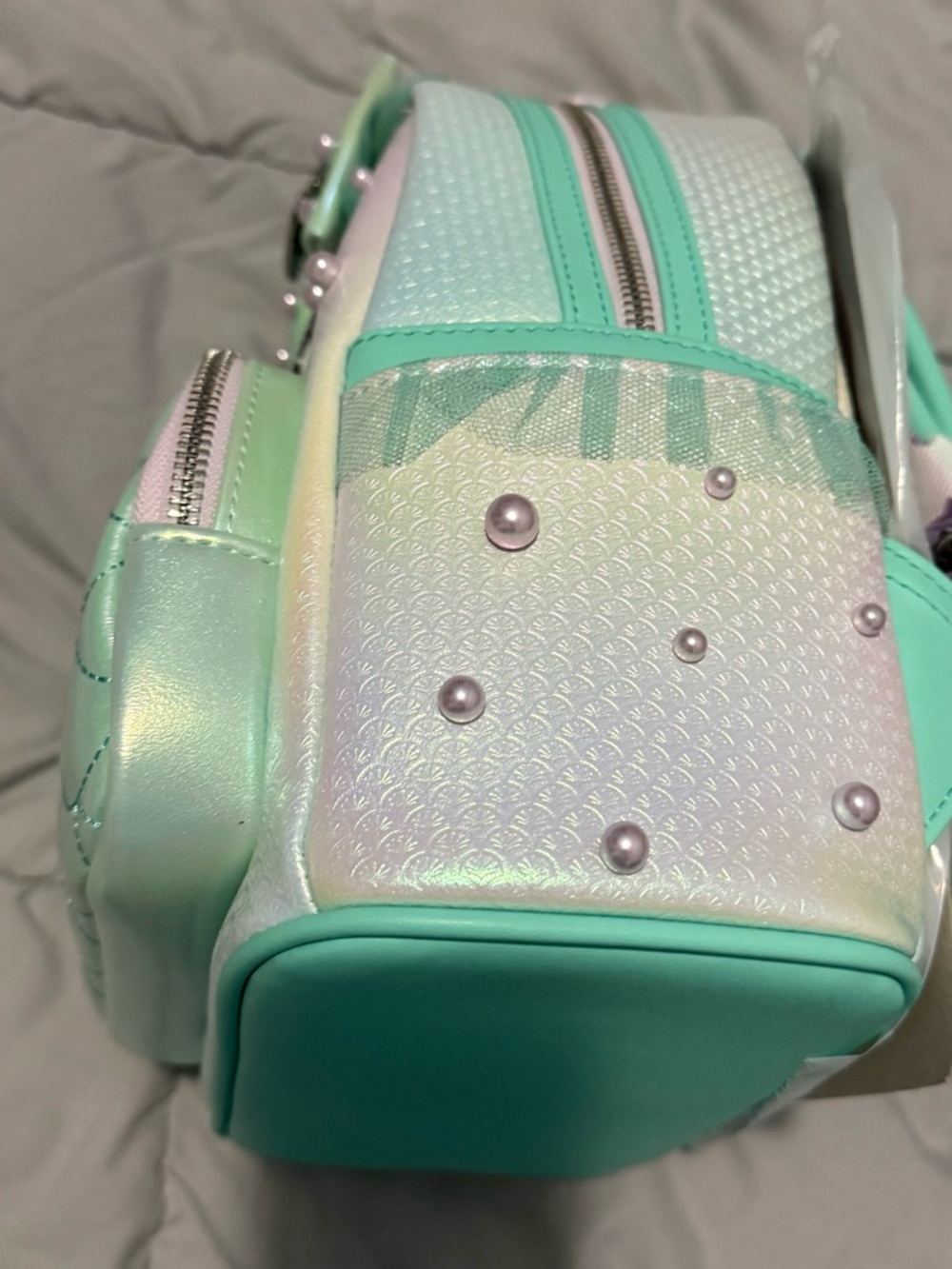 Loungefly Iridescent Mint Green Mermaid-Scale Mini Backpack with Pearl Bow - Picture 2 of 3